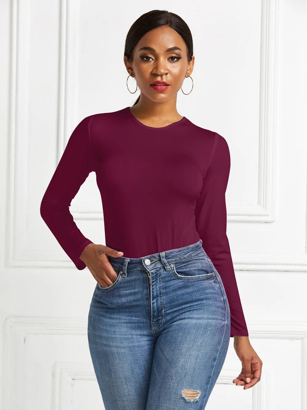 Round Neck Long Sleeve Bodysuit - Luxe Lane Apparel