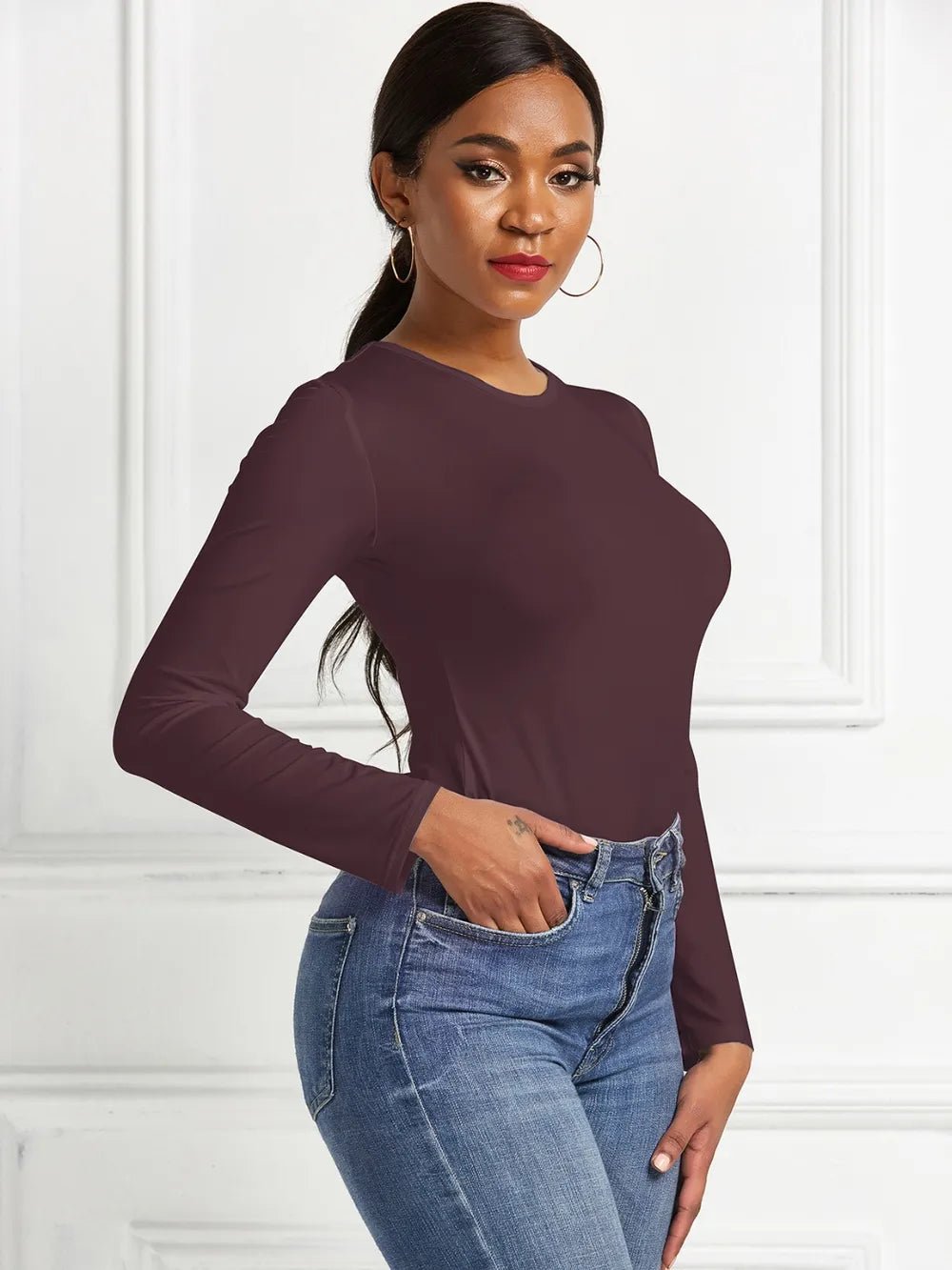 Round Neck Long Sleeve Bodysuit - Luxe Lane Apparel
