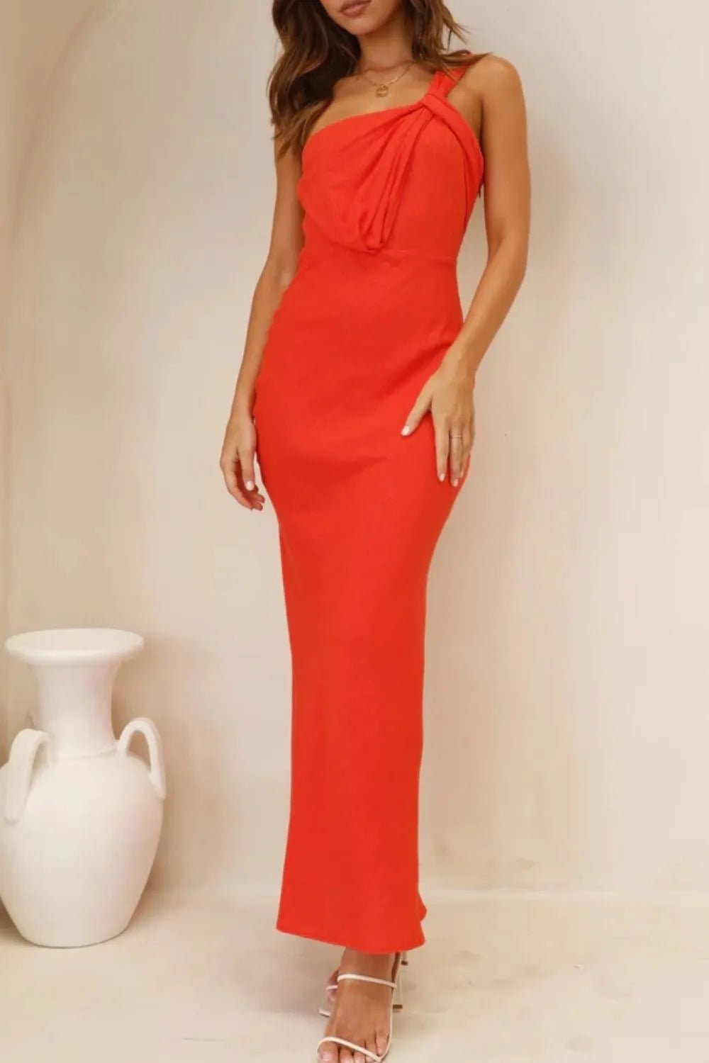 Ruched Single Shoulder Maxi Dress - Luxe Lane Apparel