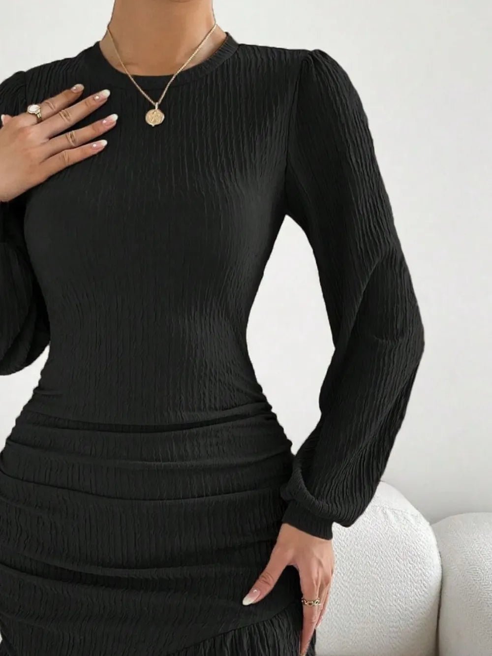 Ruffled Round Neck Long Sleeve Mini Dress - Luxe Lane Apparel