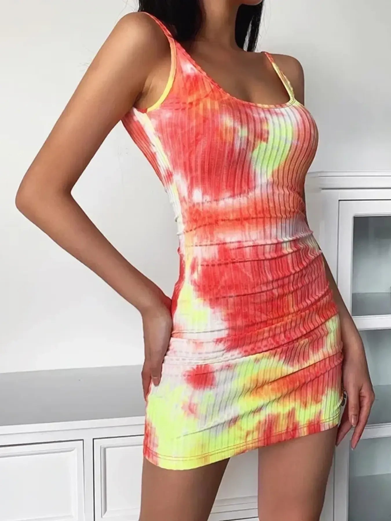 Tie - Dye Ribbed Mini Dress with Side Drawstring - Luxe Lane Apparel